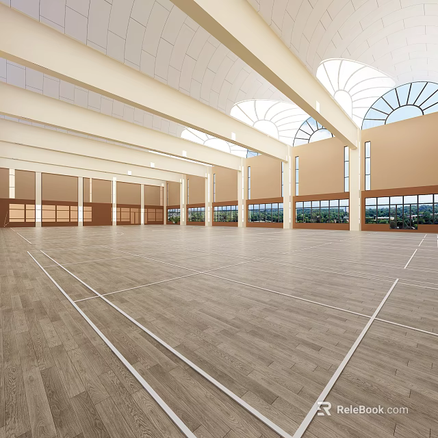 Spacious Indoor Sports Hall With Bright Interior Wooden Floor And Arch Skylights For Fitness 3d model 