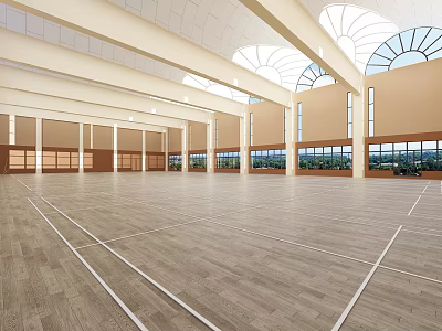 Spacious Indoor Sports Hall With Bright Interior Wooden Floor And Arch Skylights For Fitness 3d model