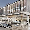 Modern Sales Office Building With Glass Curtain Wall Stone Facade And Urban Pedestrians