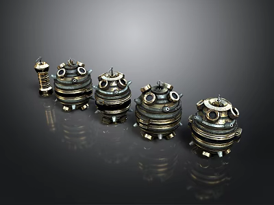 Mechanical Weapon Devices With Metallic Finish Circular Components And Bolts Arranged On Black Reflective Surface 3d model