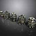 Mechanical Weapon Devices With Metallic Finish Circular Components And Bolts Arranged On Black Reflective Surface