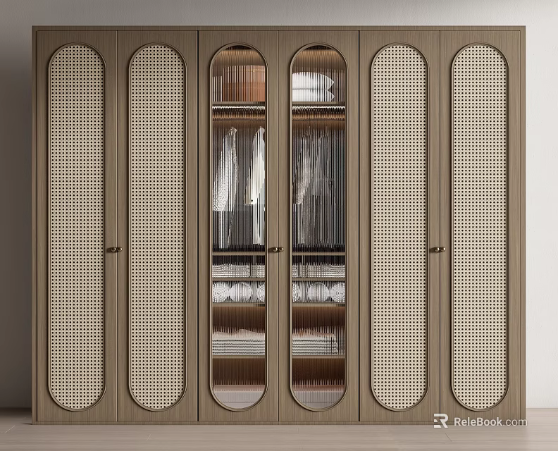 Modern Wardrobe with Rattan Panels Glass Doors and Organized Clothing Storage 3d model 