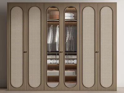 Modern Wardrobe with Rattan Panels Glass Doors and Organized Clothing Storage 3d model