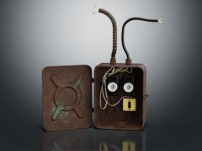 Old Rusty Electrical Metal Box with Open Lid Internal Round Components and Wires 3d model