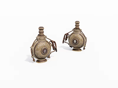Ornate Vintage Metal Bottles With Intricate Carvings And Decorative Handles 3d model