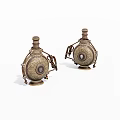 Ornate Vintage Metal Bottles With Intricate Carvings And Decorative Handles