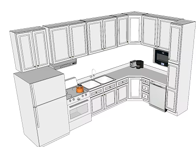 L Shaped Kitchen Cabinets Design With Sink Stove Microwave And Refrigerator 3d model