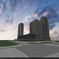 Modern Office Complex With Two Tall Buildings Lawn Road And Evening Clouds