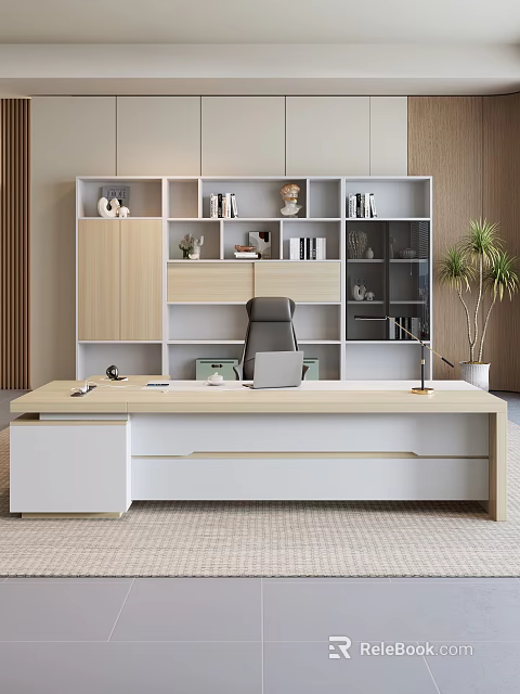 Modern Light Wood Office Desk With White Bookshelf Black Chair And Potted Plant 3d model 
