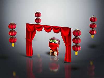Red Curtain Furniture With Hanging Red Lanterns And Traditional Decorative Design 3d model