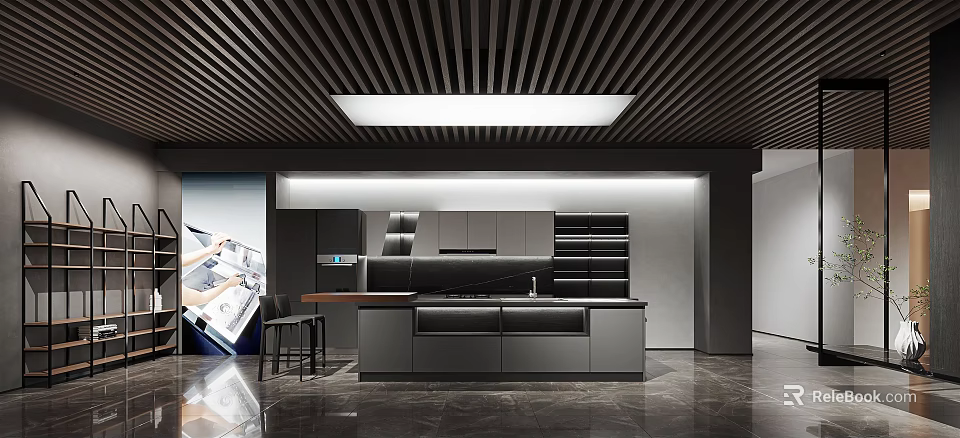 Modern Kitchen Interior With Wooden Slat Ceiling Recessed Lighting Island And Gray Cabinets 3d model 