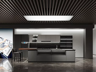 Modern Kitchen Interior With Wooden Slat Ceiling Recessed Lighting Island And Gray Cabinets 3d model