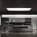 Modern Kitchen Interior With Wooden Slat Ceiling Recessed Lighting Island And Gray Cabinets