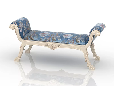 Elegant White Carved Bench With Blue Floral Cushion Ornate Legs And Armrests 3d model