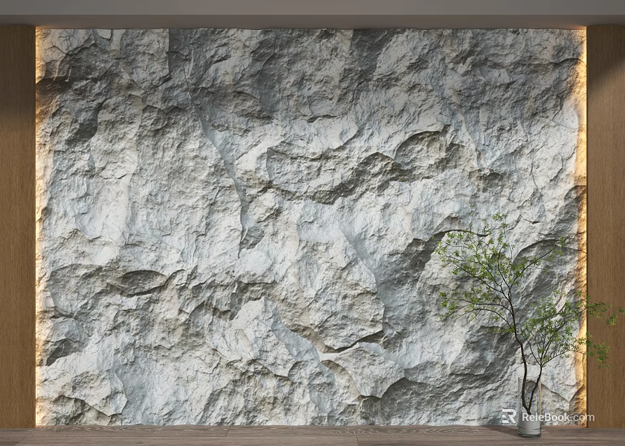 Natural Rock Texture Background Wall With Wooden Frame And Green Plant 3d model 