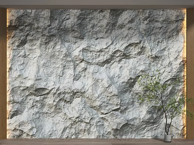 Natural Rock Texture Background Wall With Wooden Frame And Green Plant 3d model