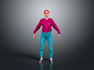 Woman With Red Hair Wearing Purple Long Sleeve Top And Blue Jeans In Gray Background 3d model