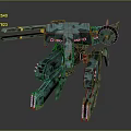 Green Mechanical Robot Character With Four Legs And Weaponized Worn Metal Structure