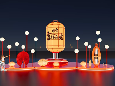 Art Installation Featuring Large Lantern With Red Decorations And Round Lights In Night Sky 3d model