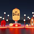 Art Installation Featuring Large Lantern With Red Decorations And Round Lights In Night Sky 3d model