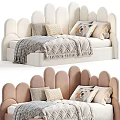 Kids Bed with Curved Headboard Brown Beige Pillows and Soft Blanket