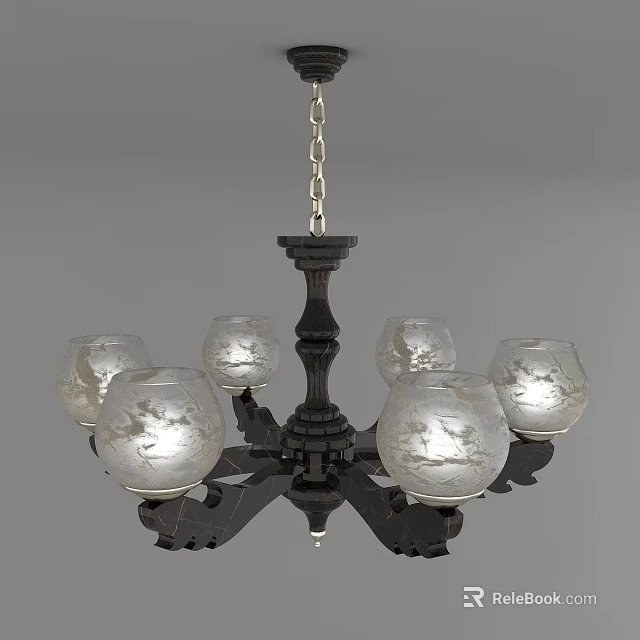 Chandelier with Black Wooden Frame and Six Patterned Glass Shades Hanging by Chain 3d model 
