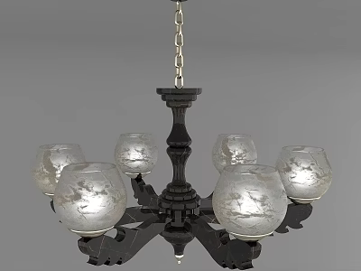Chandelier with Black Wooden Frame and Six Patterned Glass Shades Hanging by Chain 3d model