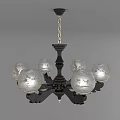Chandelier with Black Wooden Frame and Six Patterned Glass Shades Hanging by Chain