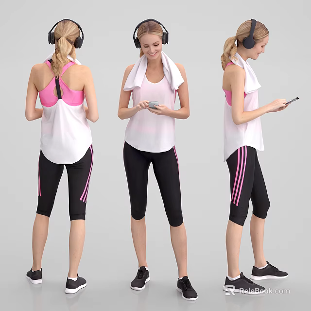 Three Women in Activewear with Headphones Using Smartphone During Workout 3d model 