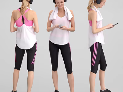 Three Women in Activewear with Headphones Using Smartphone During Workout 3d model