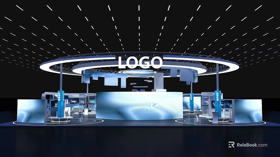 Modern Exhibition Booth Design With Circular LOGO Display And Modern Lighting Elements 3d model 