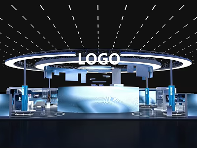 Modern Exhibition Booth Design With Circular LOGO Display And Modern Lighting Elements 3d model