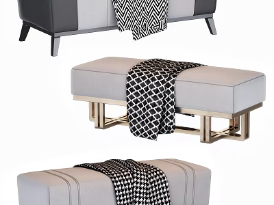 Light Gray Upholstered Sofa Bench with Metal Legs and Geometric Pattern Blanket 3d model