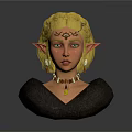 3D Fantasy Game Movie Character With Yellow Hair Elf Ears And Decorative Headpiece Necklace Earrings