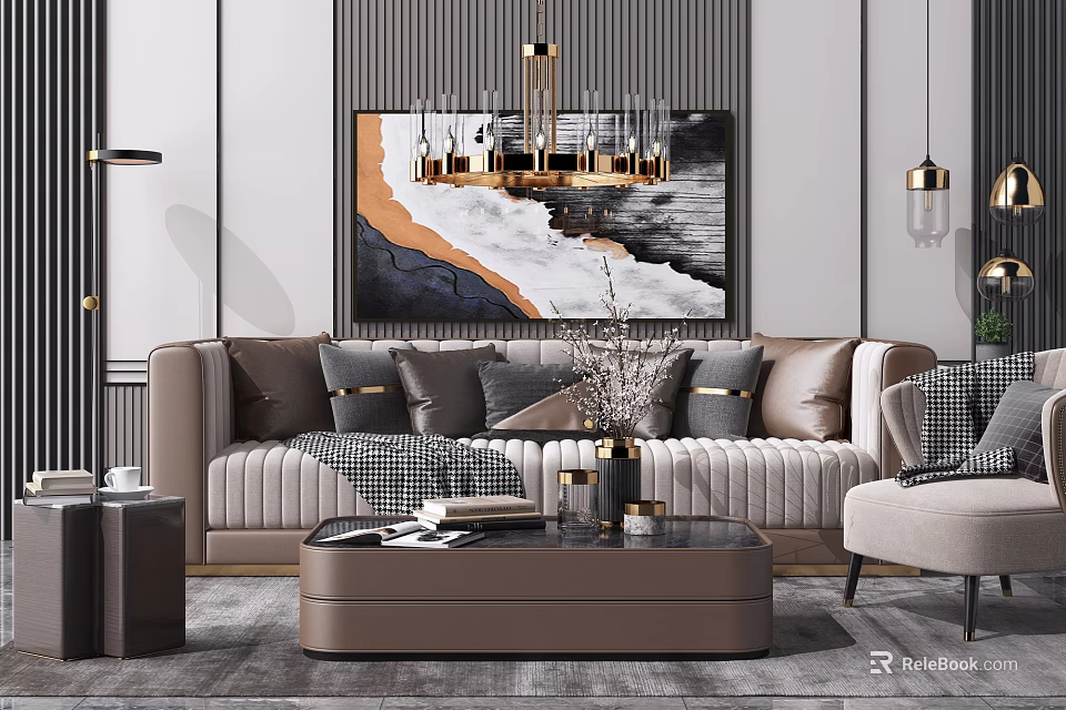 Elegant Modern Sofa And Coffee Table Set With Decorative Pillows Abstract Painting And Chandelier 3d model 