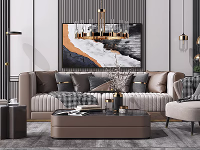 Elegant Modern Sofa And Coffee Table Set With Decorative Pillows Abstract Painting And Chandelier 3d model