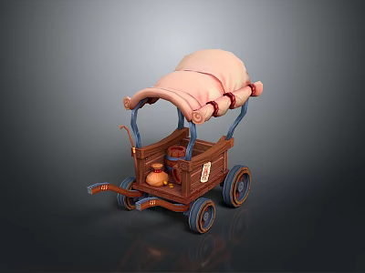 Vintage Wooden Carriage with Pink Canopy Blue Supports and Blue Wheels Carrying Items Inside 3d model