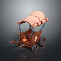 Vintage Wooden Carriage with Pink Canopy Blue Supports and Blue Wheels Carrying Items Inside