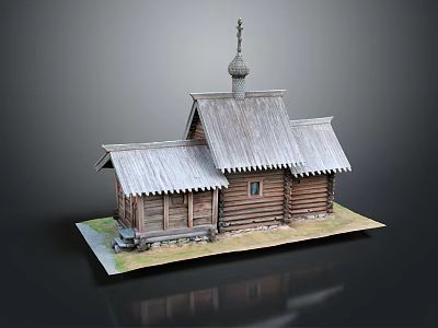 Traditional Log Cabin With Gray Roof Steeple And Wooden Structure Details 3d model