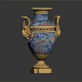 Exquisite Blue Vase Featuring Golden Lion Head Carvings And Ornate Sculptural Patterns