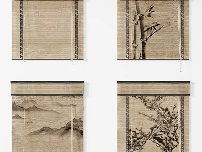 Elegant Traditional Chinese Bamboo Blinds With Landscape Floral Bird Patterns 3d model