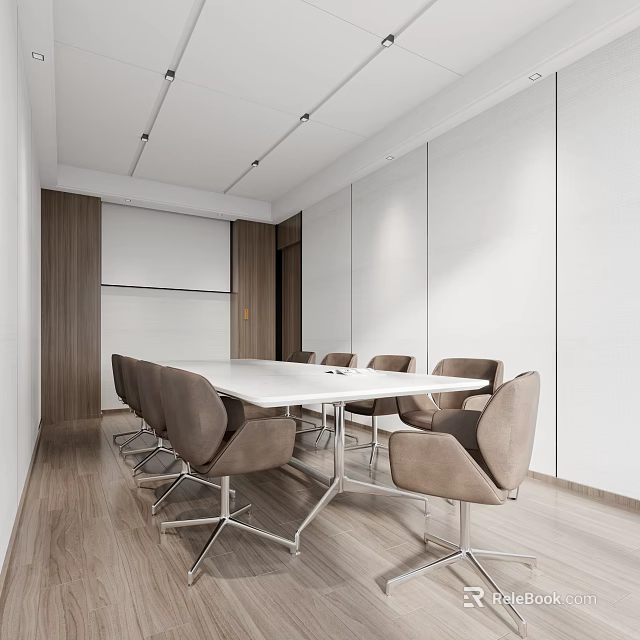 Modern Conference Room Interior With Long Table Comfortable Chairs And Projector Screen 3d model