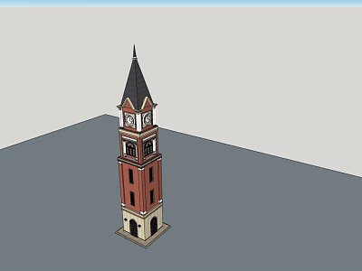 Red Brick Clock Tower With Black Spire Top And Stone Base 3d model