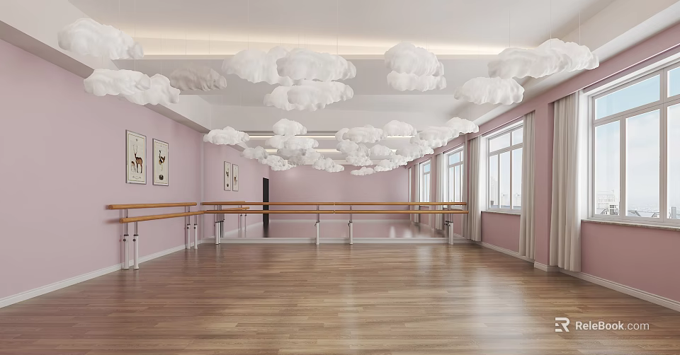 Bright Fitness Studio With Dance Barre Pink Walls Wooden Floors Cloud Ceiling And Windows 3d model 