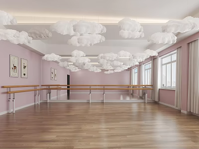 Bright Fitness Studio With Dance Barre Pink Walls Wooden Floors Cloud Ceiling And Windows 3d model