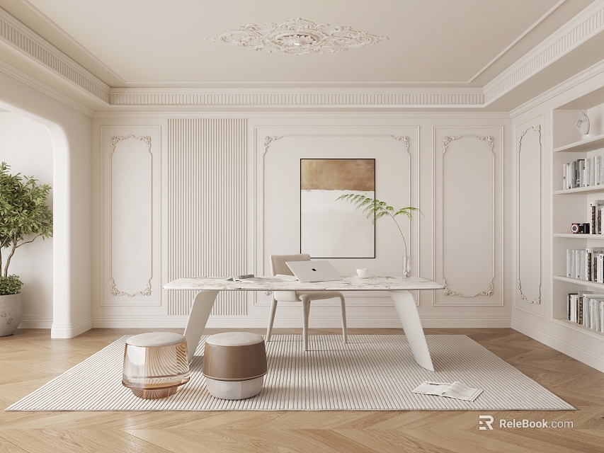 Modern Study Room Interior With White Walls Desk Bookshelves And Potted Green Plant 3d model 