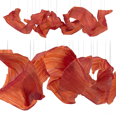 Red Flowing Fabric Hanging Decor With Layered Folded Design And Suspended Structure 3d model