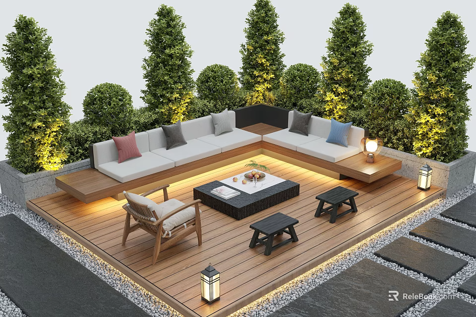 Courtyard Garden Design With Wooden Deck L Shaped Sofa Coffee Table Chair Stools Green Plants And Lighting 3d model 