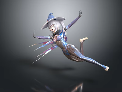 Futuristic Witch Character With White Hair Witch Hat And Blue Purple Outfit In Flying Pose 3d model