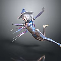 Futuristic Witch Character With White Hair Witch Hat And Blue Purple Outfit In Flying Pose